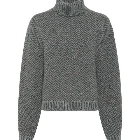 Courtney Knit Turtleneck in Charcoal Multi Aran Cashmere Herringbone