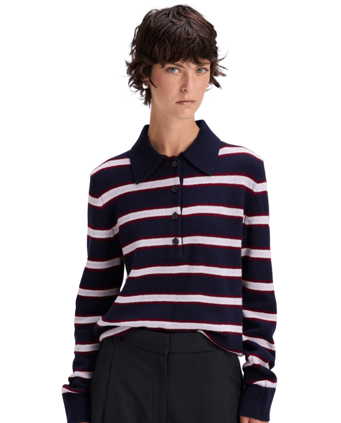 The Cashmere Polo in Navy & Lilac Stripe