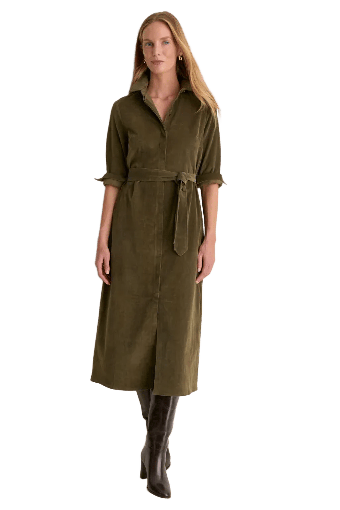 Olive Thin Wale Corduroy Tara Shirt Dress