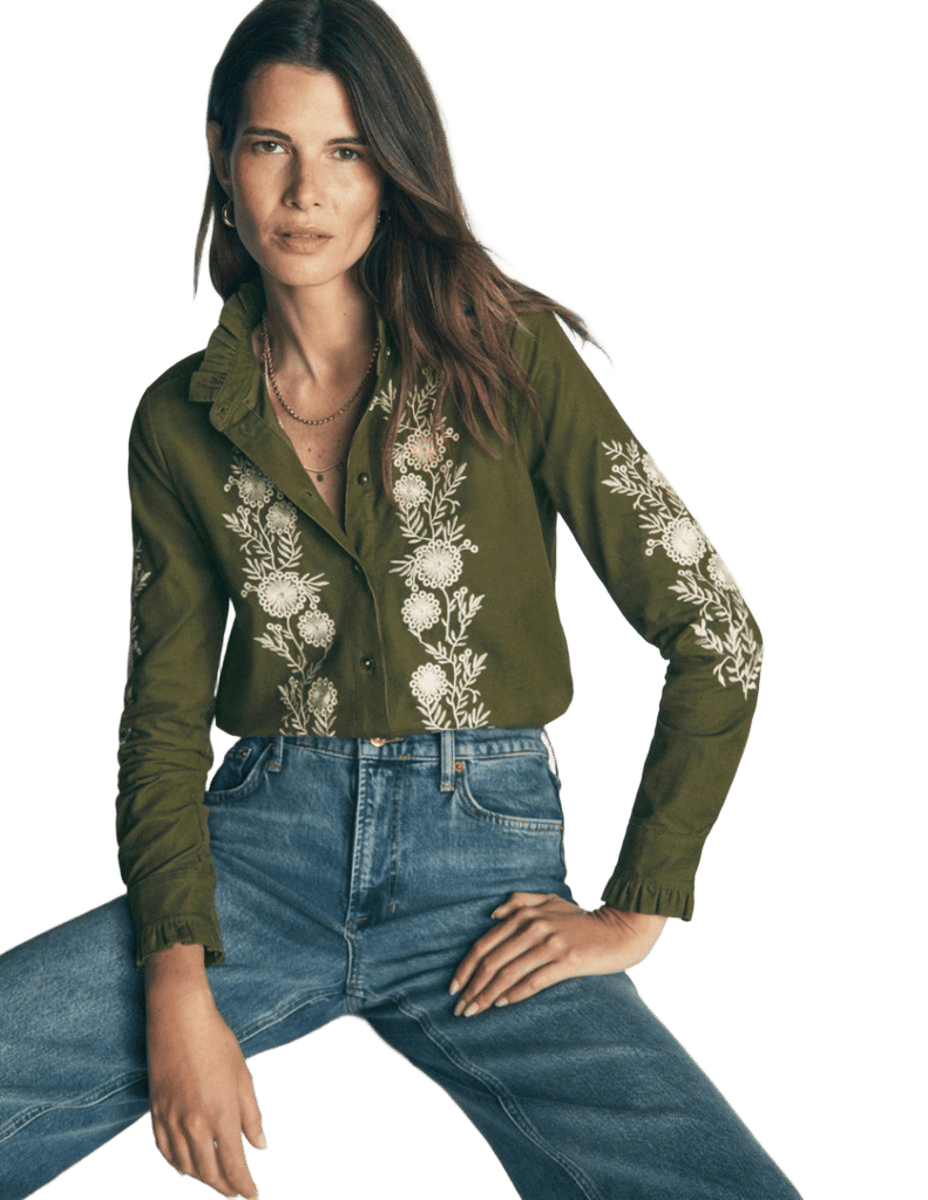 Sienna Frill Cord Shirt Woodland Green, Embroidered