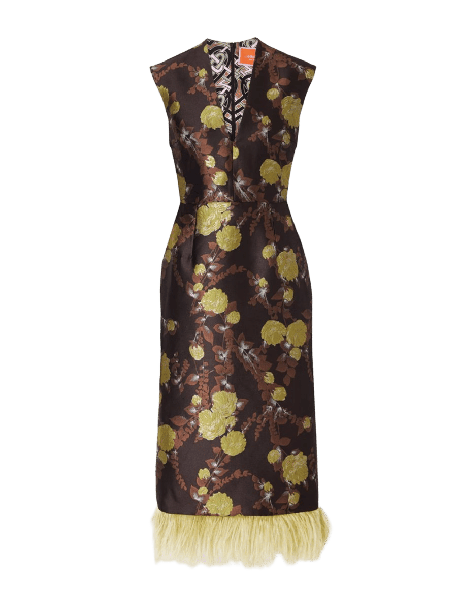 LA DOUBLEJ Feather-trimmed jacquard midi dress