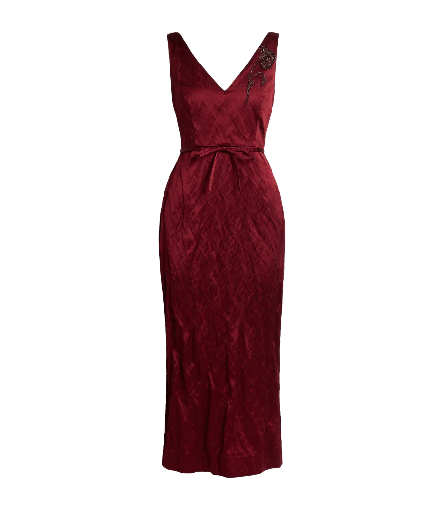 Embellished Textured Satin Midi Pencil Dress