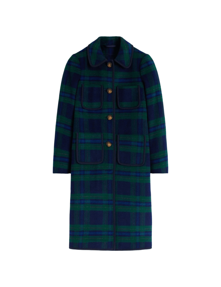 Patch Pocket Wool Blend Coat Navy, Green and Blue Check