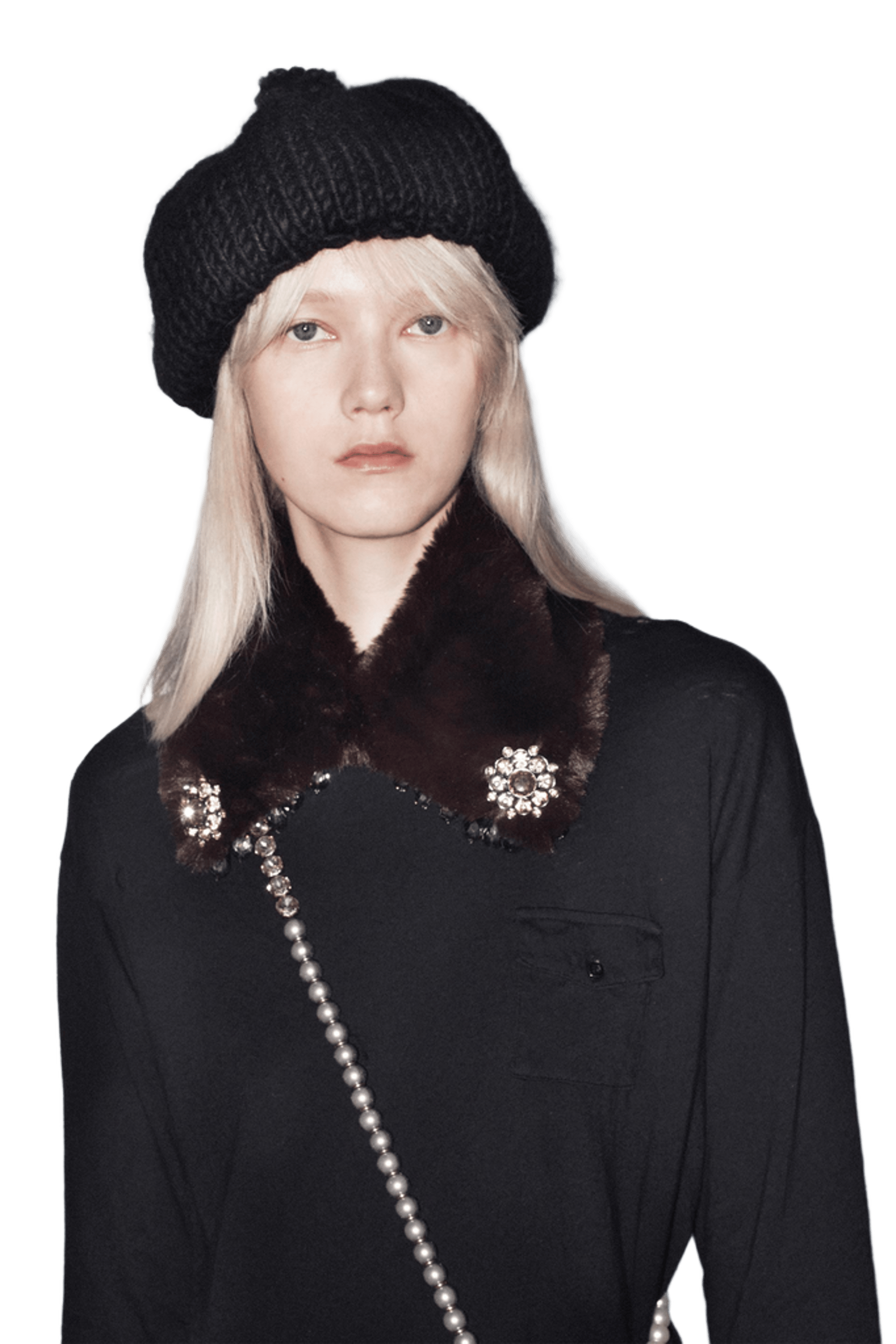 FAUX FUR COLLAR WITH BEAD BROOCH