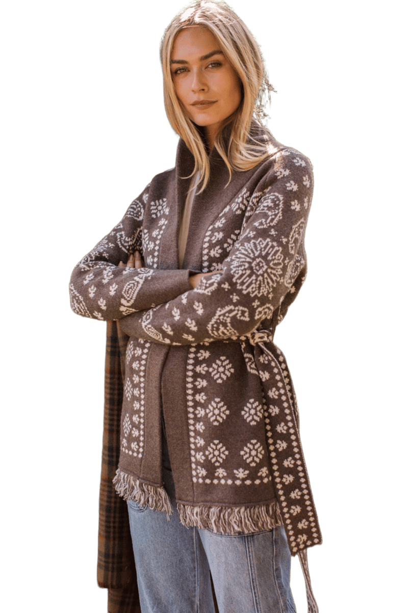 Marea Shawl Cardigan in Bandana Fringe - Taupe